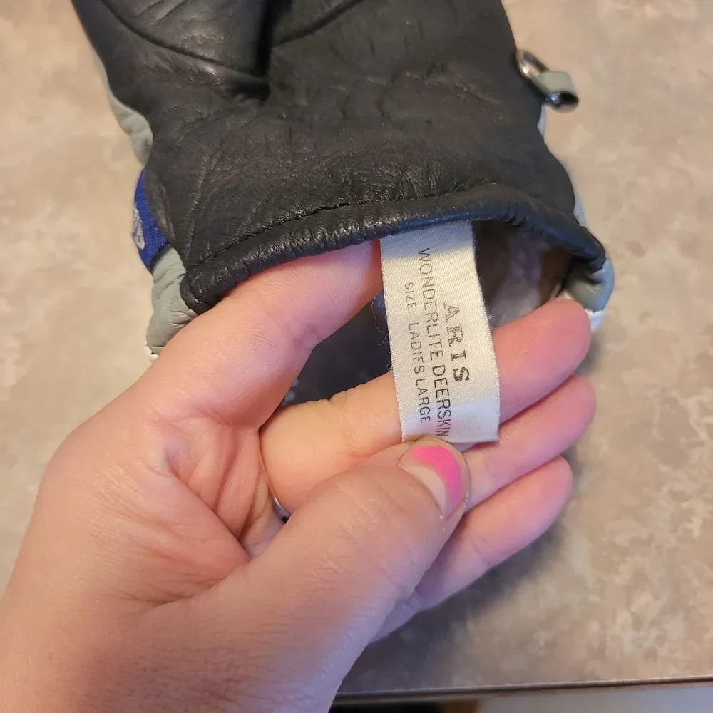 Aris Wonderlite Deerskin Leather Ski Gloves Womens Large‎ Black Grey White Zip